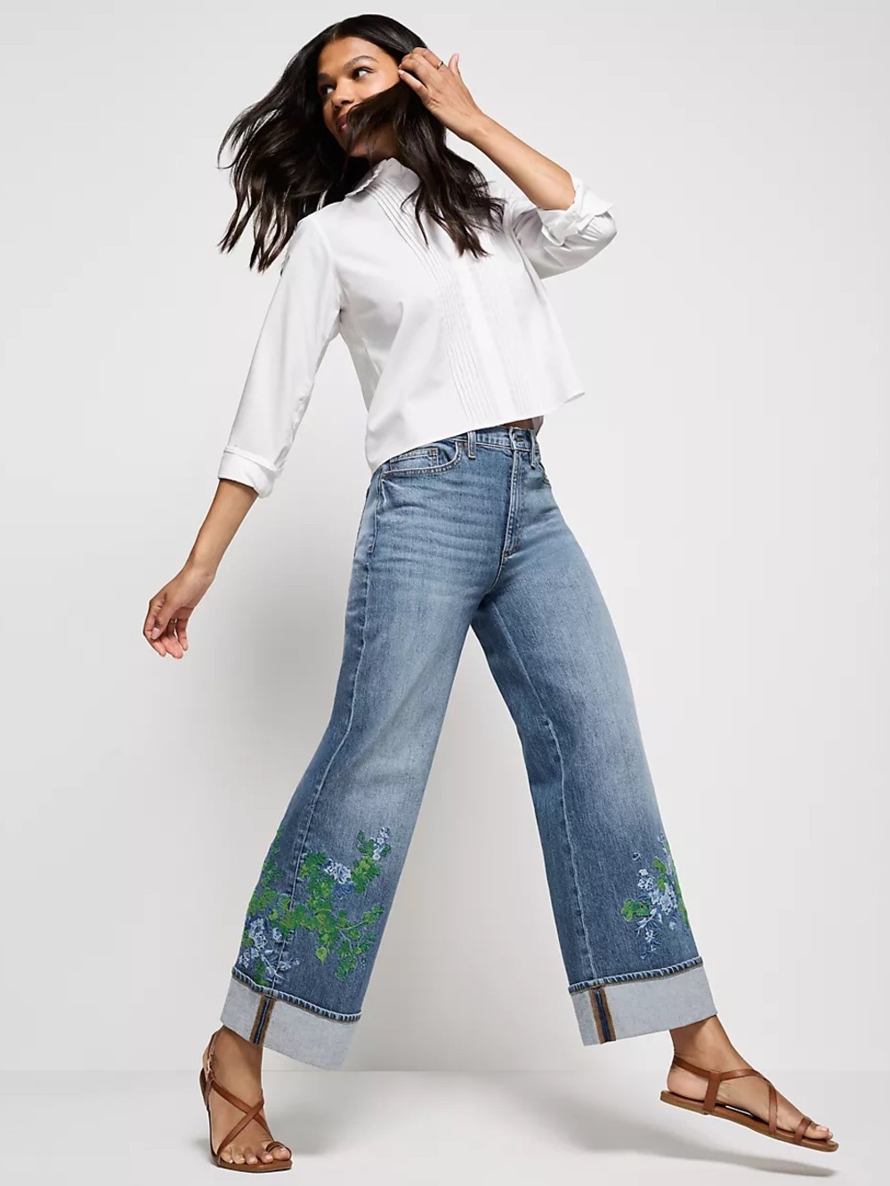 Lands' End Women's Soft Denim High Rise Wide Leg Embroidery Jeans